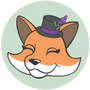 A happy fox wearing a top hat with a purple ribbon and sprig of foxglove flower in it.