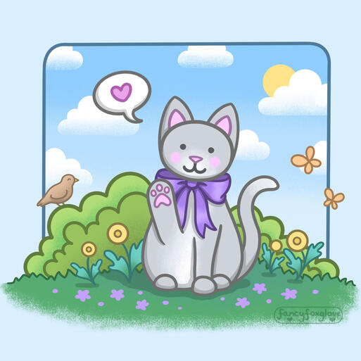 A cute grey cat waves hi, with a speech bubble with a pink heart in it.